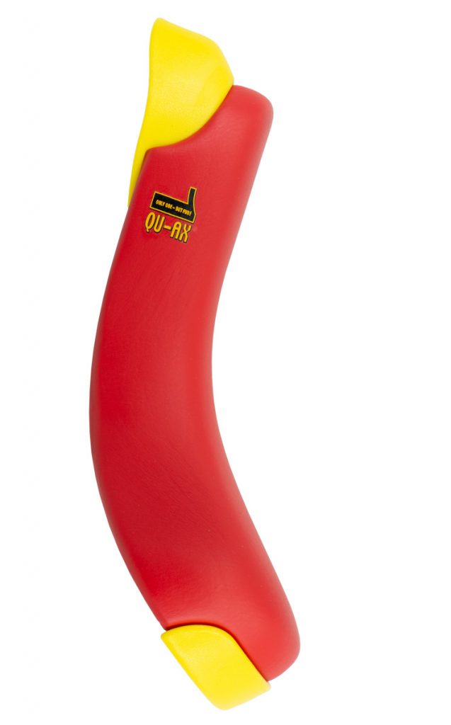 QU-AX Luxus saddle with integrated handle, red, yellow bumper / handle